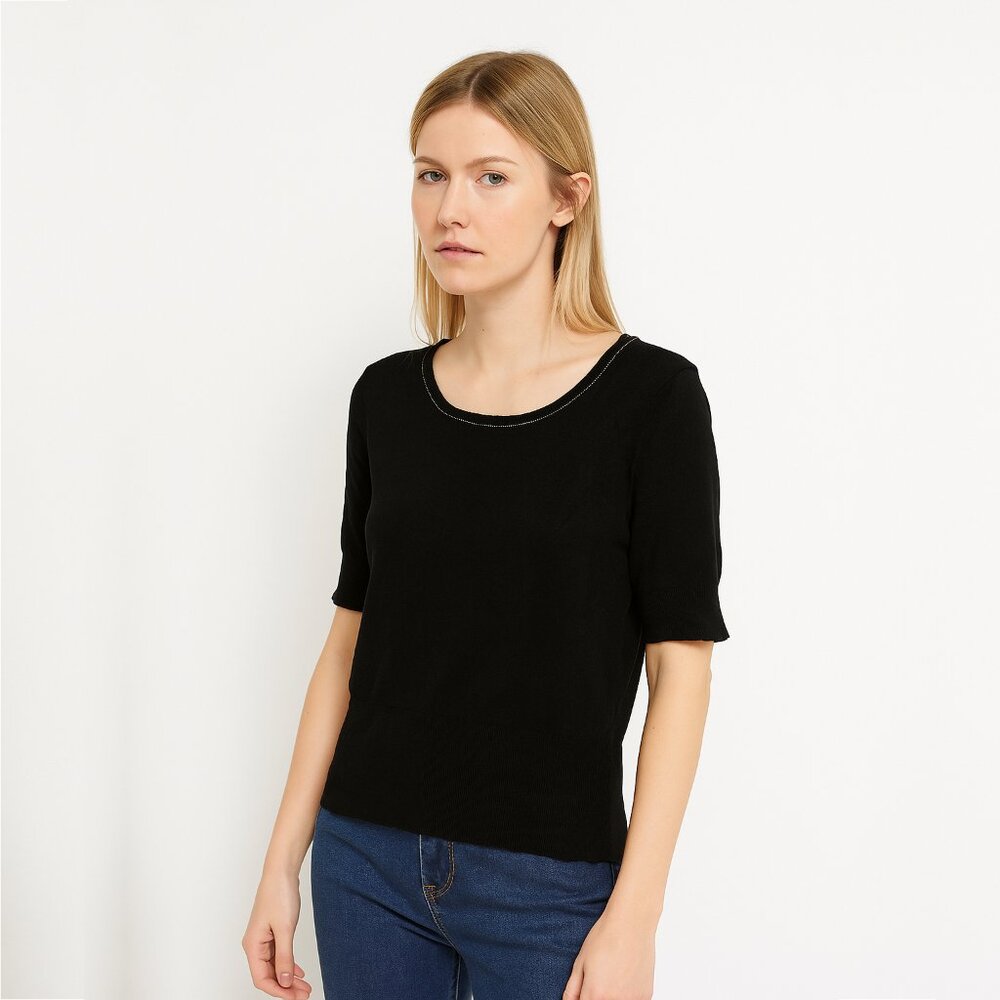 2/$30 White House Black Market Beaded Keyhole Neck Knit Short Sleeve Tee #A0118